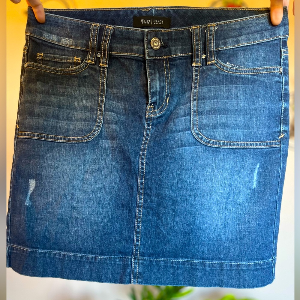 White House Black Market Jean Skirt with Embellished and Braided Pockets